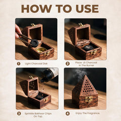 How to use Zoura Parfums bakhoor chips – light charcoal, place in burner, sprinkle bakhoor, enjoy fragrance