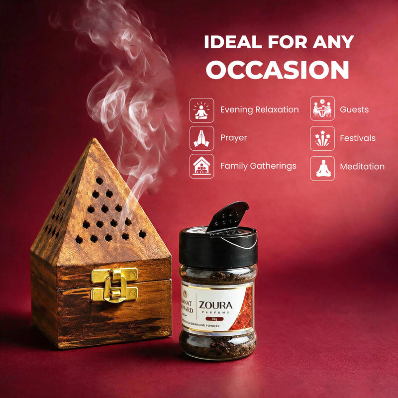 Zoura Parfums Jannat Al Ward bakhoor with wooden burner, ideal for prayer, meditation, and gatherings
