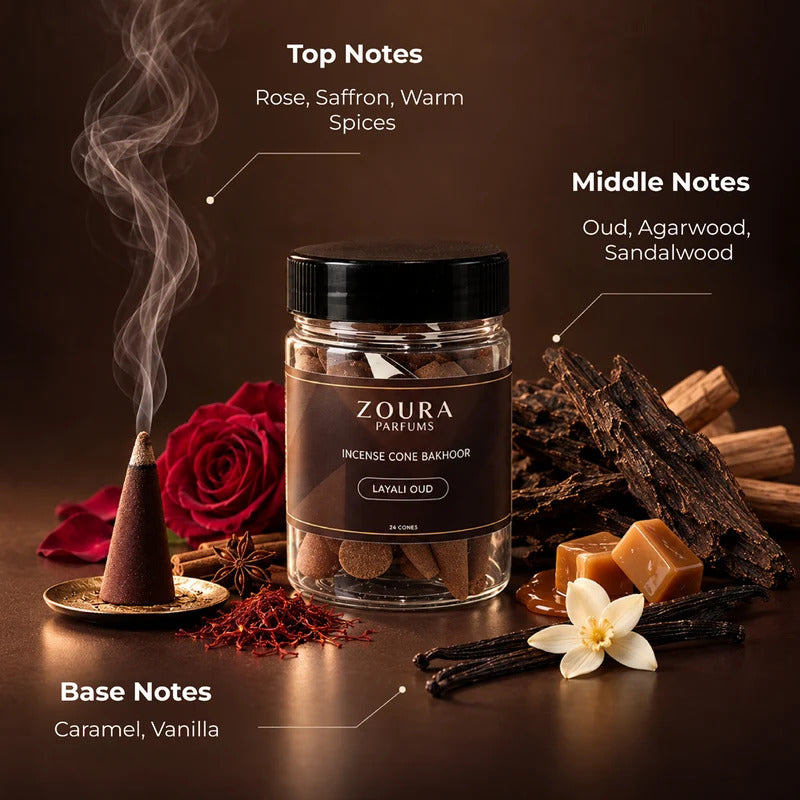 Zoura Layali Oud bakhoor incense cones jar with fragrance notes: rose, saffron and warm spices on top, oud, agarwood and sandalwood in the middle, caramel and vanilla at the base