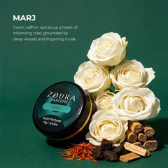 Zoura Marj Unisex Solid Perfume jar with white roses, saffron, and wood