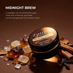 Zoura Midnight Brew Unisex Solid Perfume jar with caramelized sugar, cinnamon, and cloves
