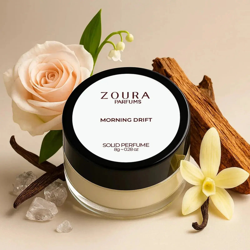 Zoura Parfums Morning Drift Unisex Solid Perfume with rose, vanilla pods, and sandalwood, 8g