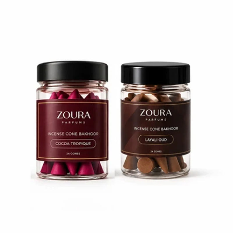 Zoura Oud Al Layl bakhoor incense cones duo combo: Cocoa Tropique and Layali Oud jars