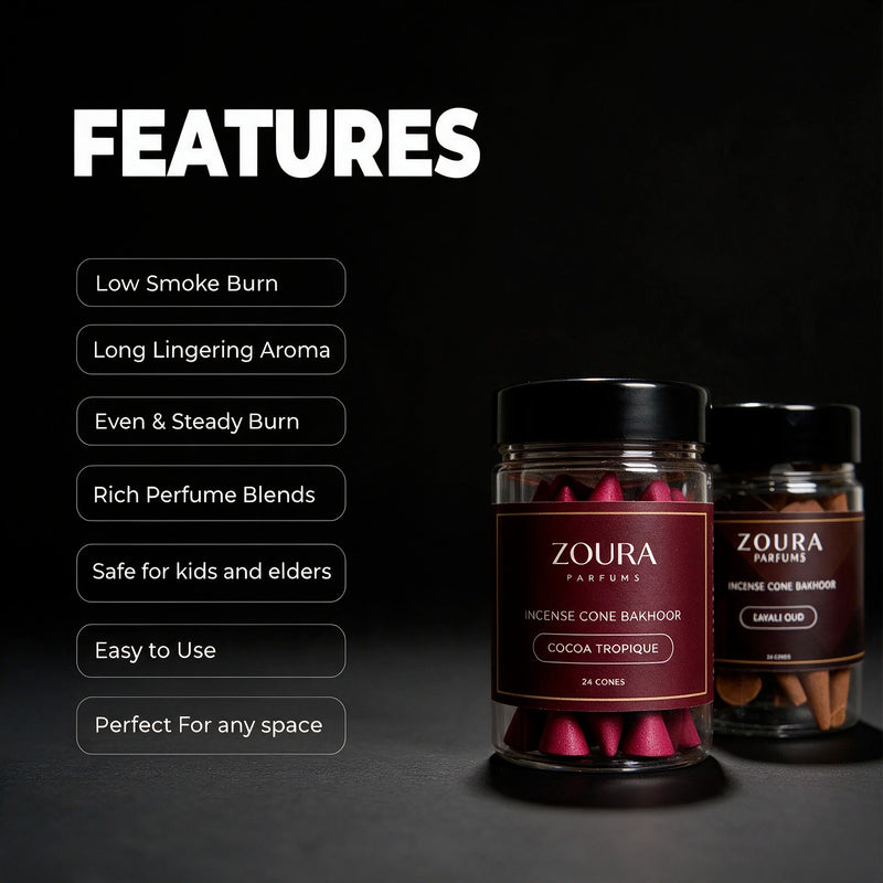 Zoura Oud Al Layl bakhoor incense cones duo with features: low smoke burn, long lingering aroma, even and steady burn, rich perfume blends, safe for kids and elders