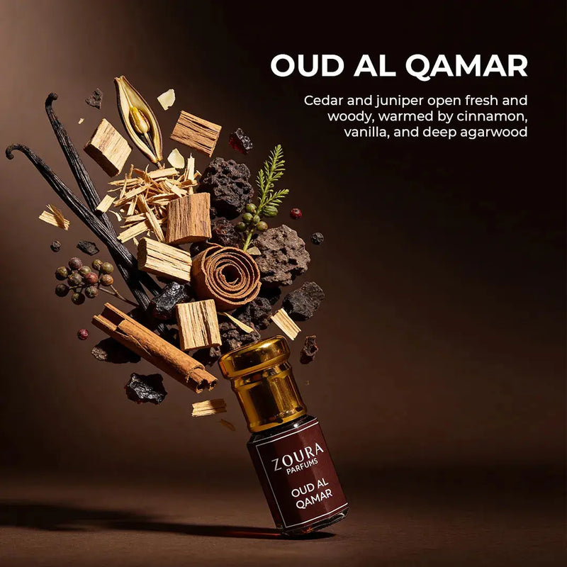 Zoura Oud Al Qamar attar fragrance notes — cedar, vanilla, cinnamon, juniper, and agarwood ingredients
