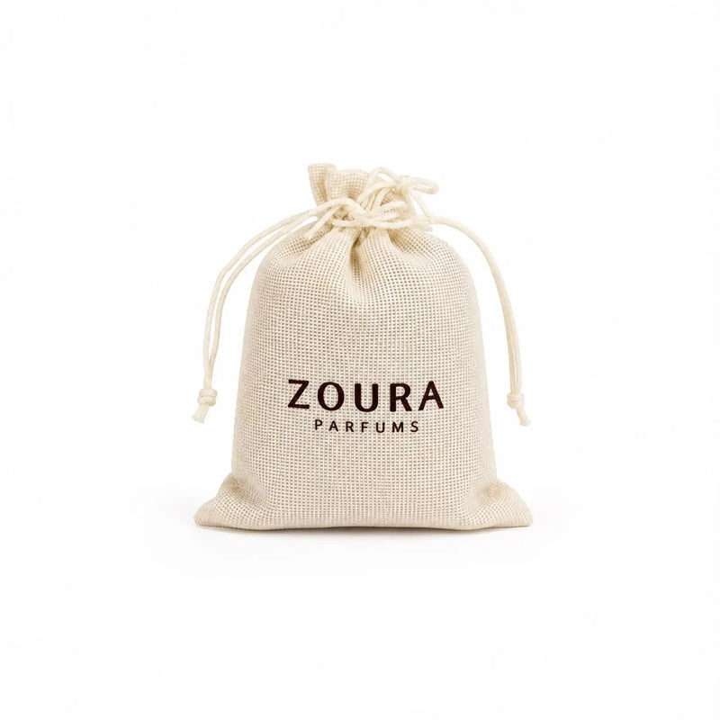 Zoura Parfums drawstring pouch for storing attar, perfume bottles, and gifting