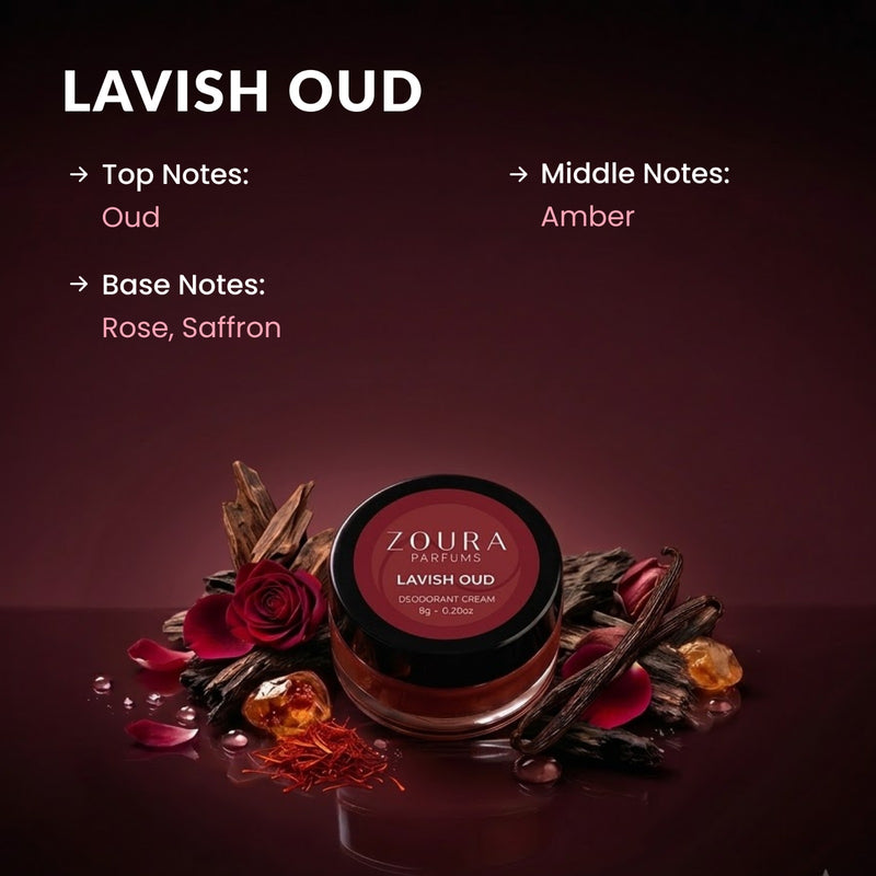 Zoura Parfums Lavish Oud deodorant cream 8g jar with oud, amber, rose and saffron notes