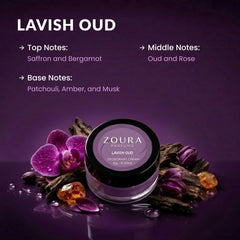 Zoura Parfums Lavish Oud deodorant cream 8g jar in purple with saffron, bergamot, oud, rose, patchouli, amber and musk notes