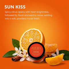 Zoura Parfums Sun Kiss deodorant cream jar with orange, cinnamon and white blossoms, spicy citrus and musk scent