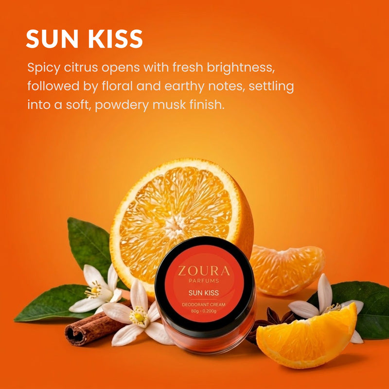 Zoura Parfums Sun Kiss deodorant cream jar with orange, cinnamon and white blossoms, spicy citrus and musk scent