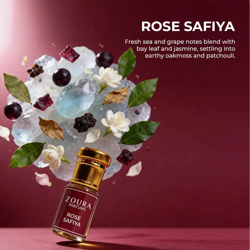 Rose Safiya jasmine attar notes - sea, grape, bay leaf, patchouli by Zoura