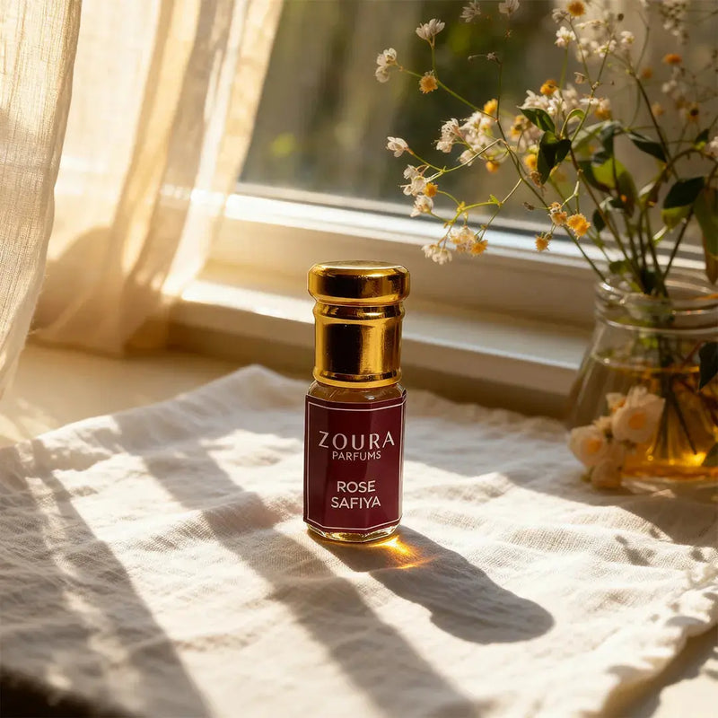 Rose Safiya jasmine attar bottle in sunlight - Zoura unisex attar

