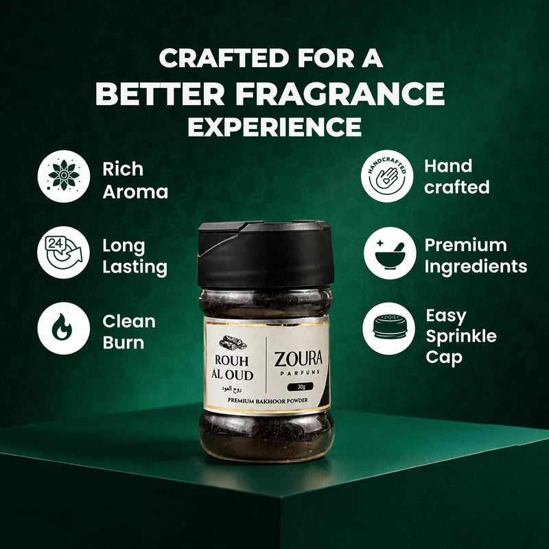 Zoura Parfums Rouh Al Oud bakhoor with rich aroma, clean burn, and easy sprinkle cap