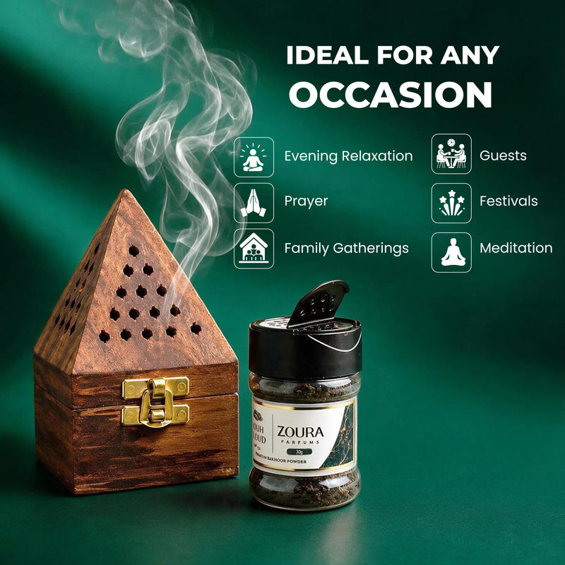Zoura Parfums Rouh Al Oud bakhoor with wooden burner, ideal for prayer, meditation, and gatherings