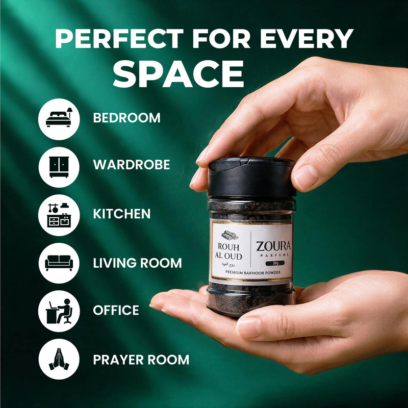 Hand holding Zoura Parfums Rouh Al Oud bakhoor, perfect for every room in the home