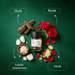 Zoura Parfums Rouh Al Oud bakhoor with oud, rose, musk, and subtle sweetness notes