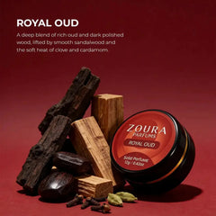 Zoura Royal Oud Unisex Solid Perfume jar with oud wood, sandalwood, and cardamom