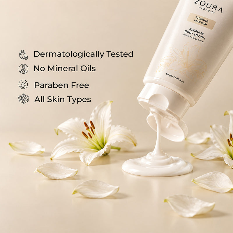 Zoura Sheikha Maryam Floral Musk body lotion 50g with amber musk, cedarwood and vanilla fragrance character
