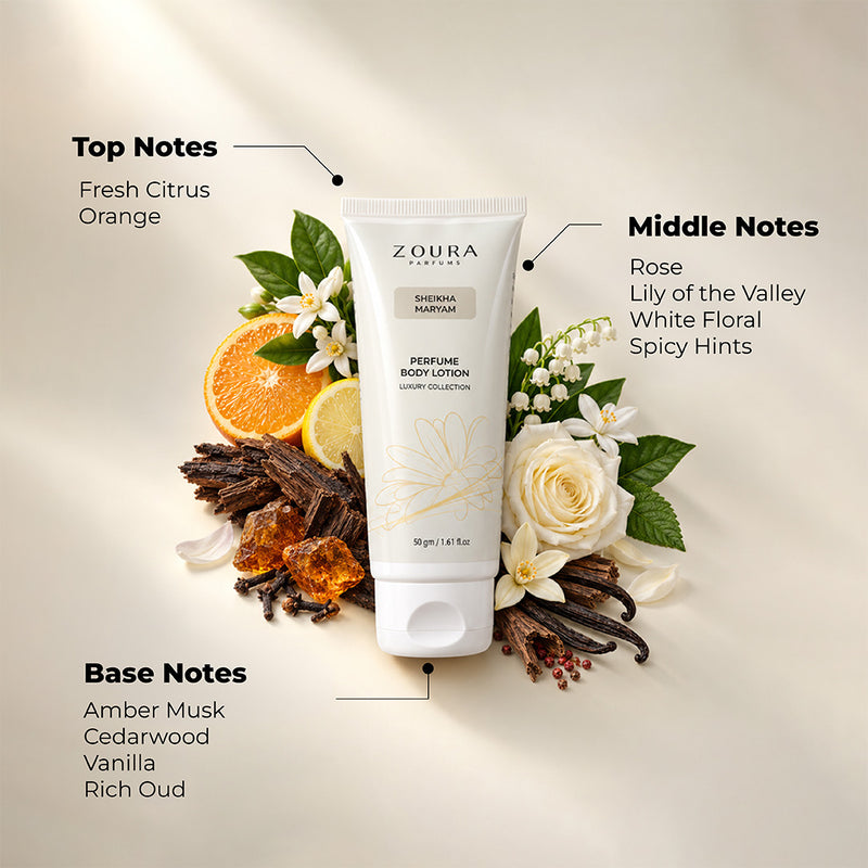 Zoura Sheikha Maryam perfumed body lotion 50g with elegant floral, fresh and musky fragrance character