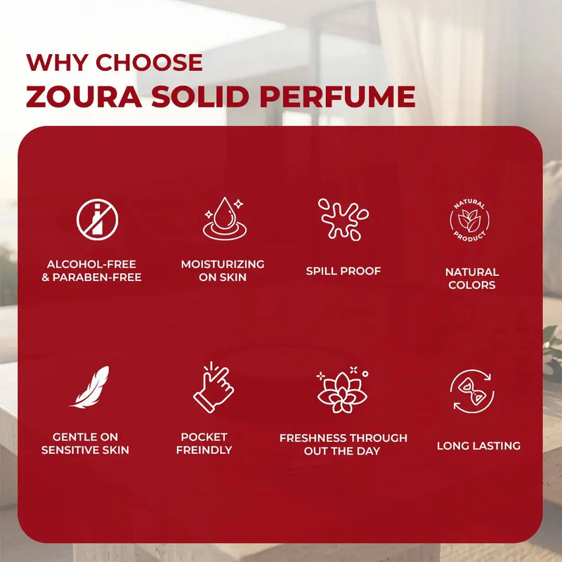 Why choose Zoura Unisex Solid Perfume: alcohol-free, spill-proof, long lasting, pocket friendly