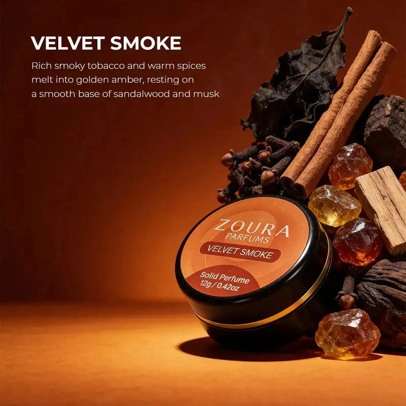 Zoura Velvet Smoke Unisex Solid Perfume jar with cinnamon, amber resin, and sandalwood