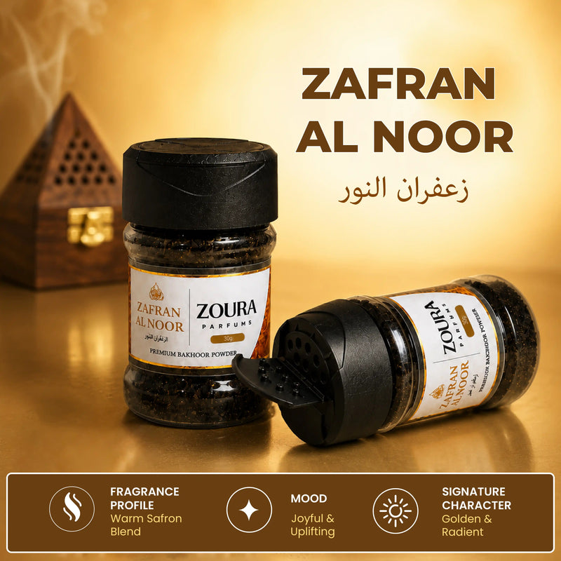 Zoura Parfums Zafran Al Noor bakhoor with wooden burner, warm saffron blend