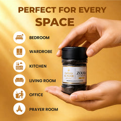 Hand holding Zoura Parfums Zafran Al Noor bakhoor, perfect for every room in the home