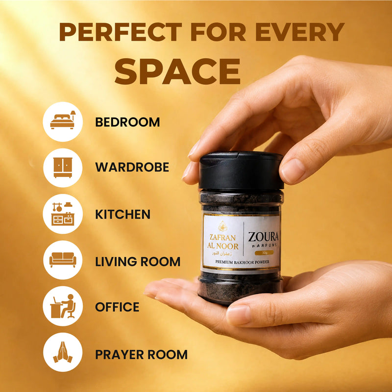 Hand holding Zoura Parfums Zafran Al Noor bakhoor, perfect for every room in the home